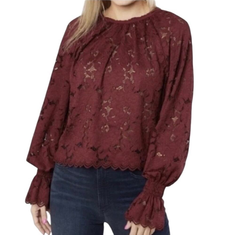 Free People Olivia Wine Lace Blouse SMALL Sheer Long Sleeves Boho Romantic
